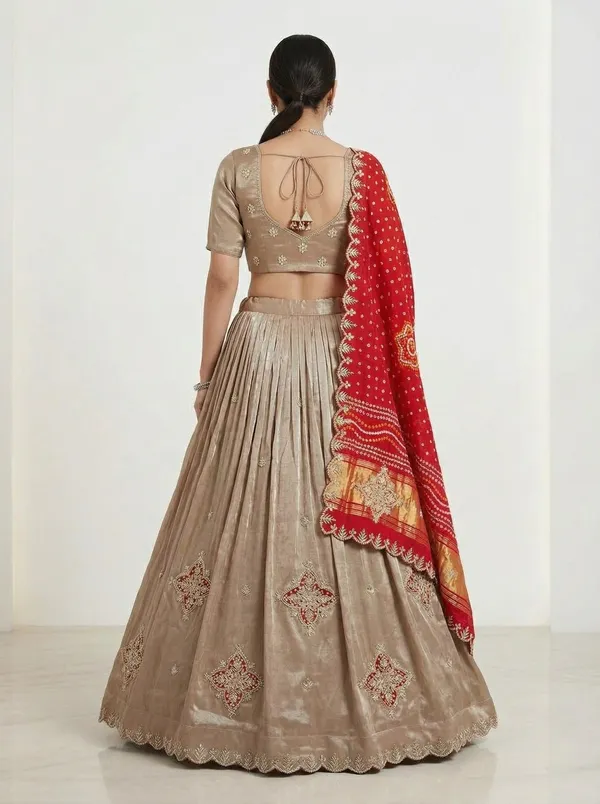 Beige_Tissue_Silk_Lehenga_With_Zardozi_Gotta_Patti_Work_Red_Gaji_Bandhej_Dupatta_Elegant_Wedding_Festive_Wear_Default_Title