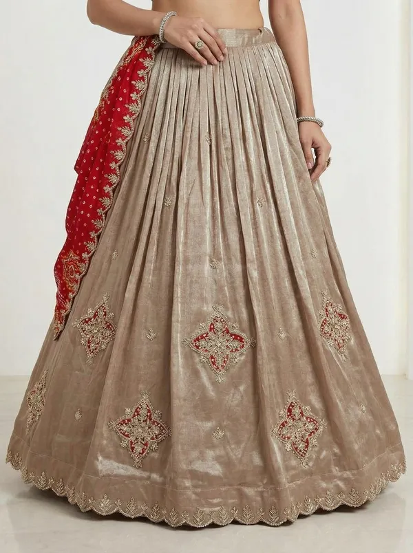 Beige_Tissue_Silk_Lehenga_With_Zardozi_Gotta_Patti_Work_Red_Gaji_Bandhej_Dupatta_Elegant_Wedding_Festive_Wear_Default_Title