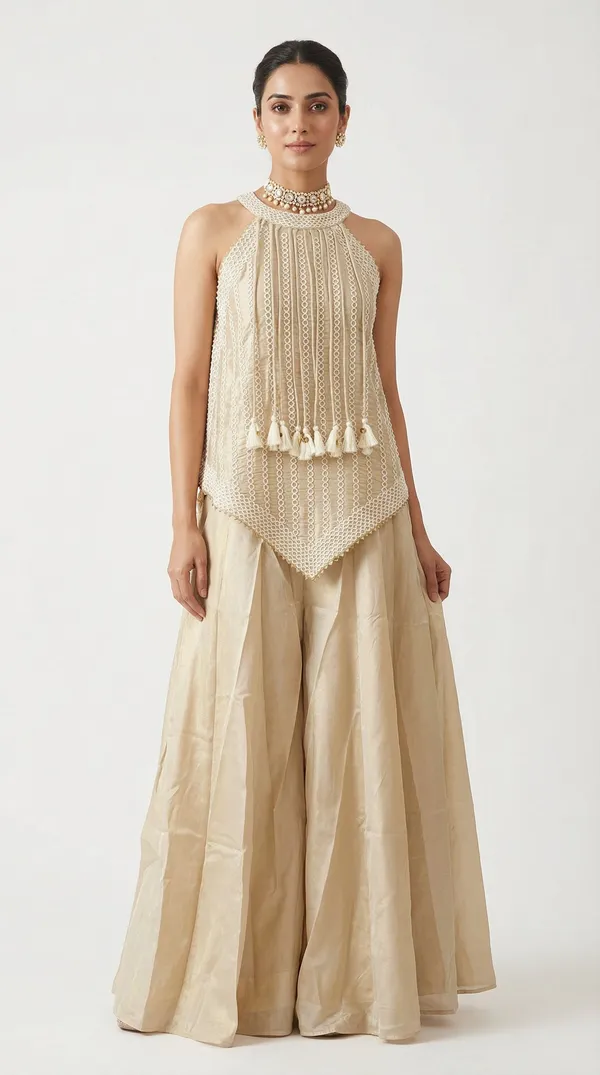 Beige_Tissue_Sharara_Set_With_Halter_Neck_Peplum_Top_Tassels_Mehendi_Festive_Wear_Beige
