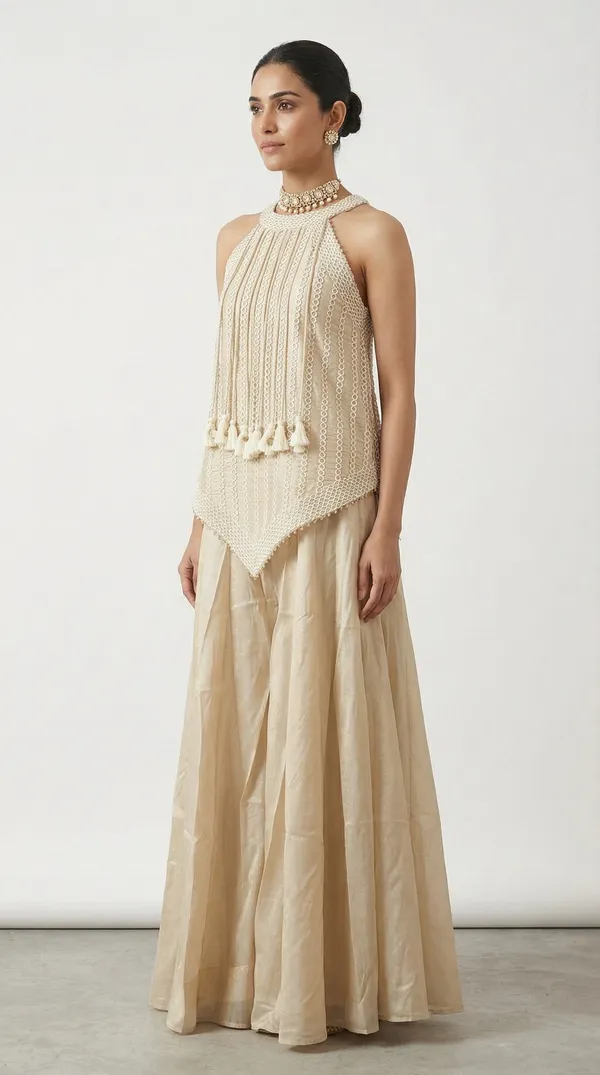 Beige_Tissue_Sharara_Set_With_Halter_Neck_Peplum_Top_Tassels_Mehendi_Festive_Wear_Beige