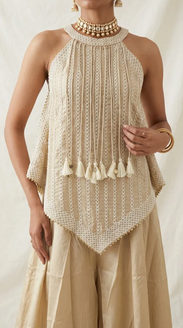 Beige_Tissue_Sharara_Set_With_Halter_Neck_Peplum_Top_Tassels_Mehendi_Festive_Wear_Beige