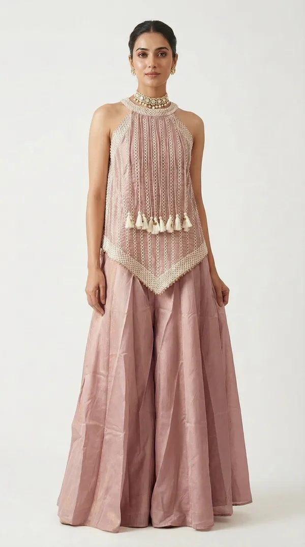 Beige_Tissue_Sharara_Set_With_Halter_Neck_Peplum_Top_Tassels_Mehendi_Festive_Wear_Pink