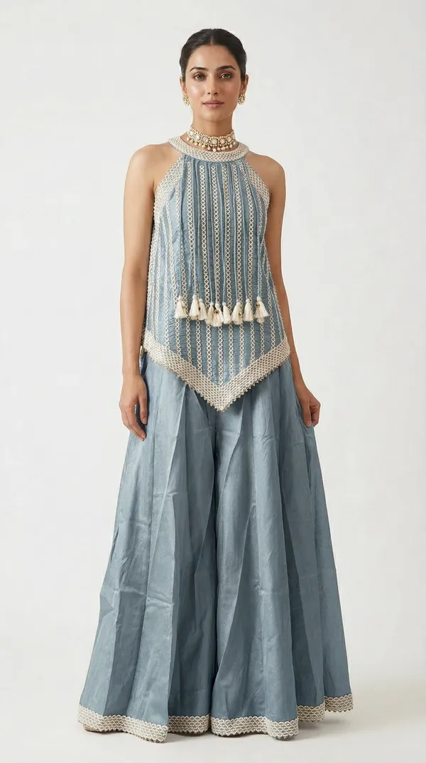 Beige_Tissue_Sharara_Set_With_Halter_Neck_Peplum_Top_Tassels_Mehendi_Festive_Wear_Gray