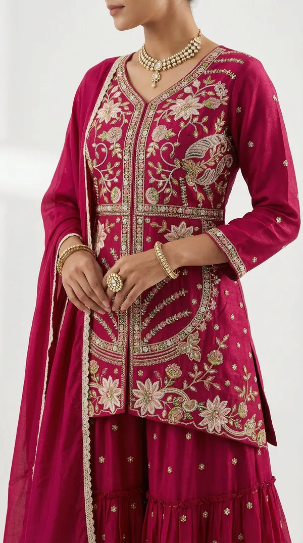 Beautiful_Hand_Machinery_Work_Peplum_Kurti_Set_Festive_Wear_Pink