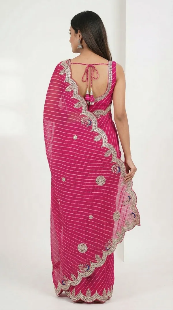 Rani_Pink_Motda_Leheriya_Saree_With_Gotta_Patti_Peacock_Border_Lightweight_Festive_Wedding_Saree_With_Designer_Blouse_Default_Title