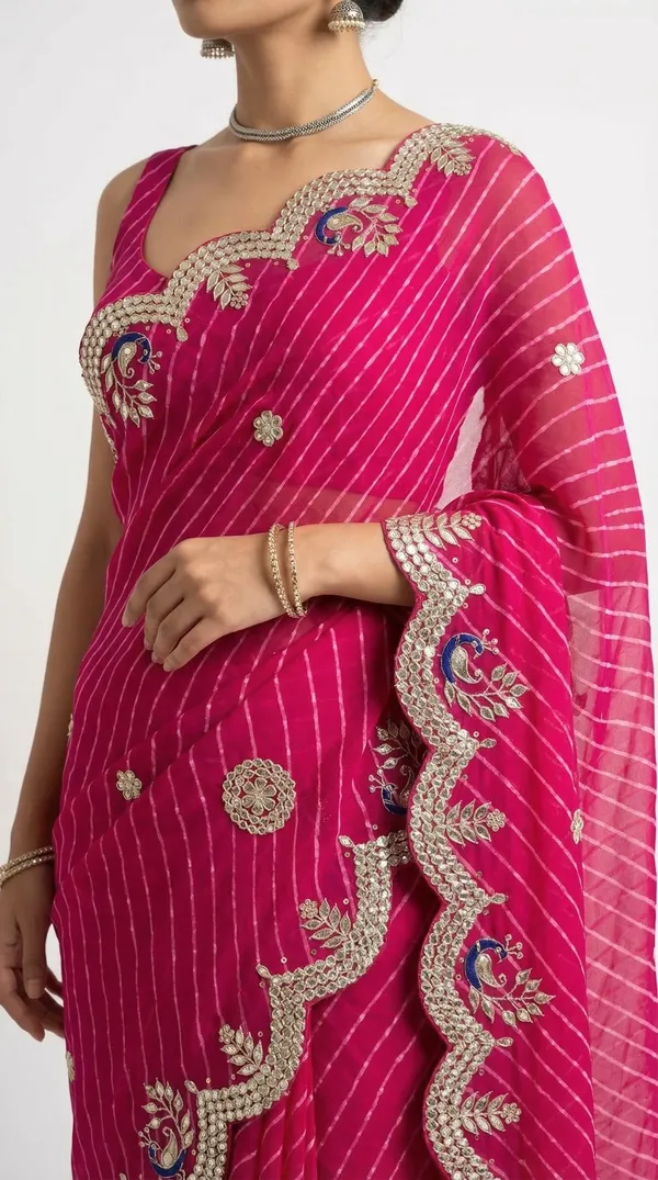 Rani_Pink_Motda_Leheriya_Saree_With_Gotta_Patti_Peacock_Border_Lightweight_Festive_Wedding_Saree_With_Designer_Blouse_Default_Title