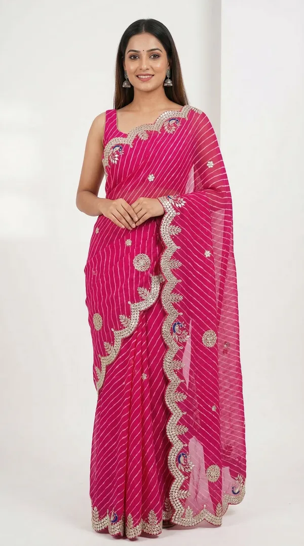 Rani_Pink_Motda_Leheriya_Saree_With_Gotta_Patti_Peacock_Border_Lightweight_Festive_Wedding_Saree_With_Designer_Blouse_Default_Title