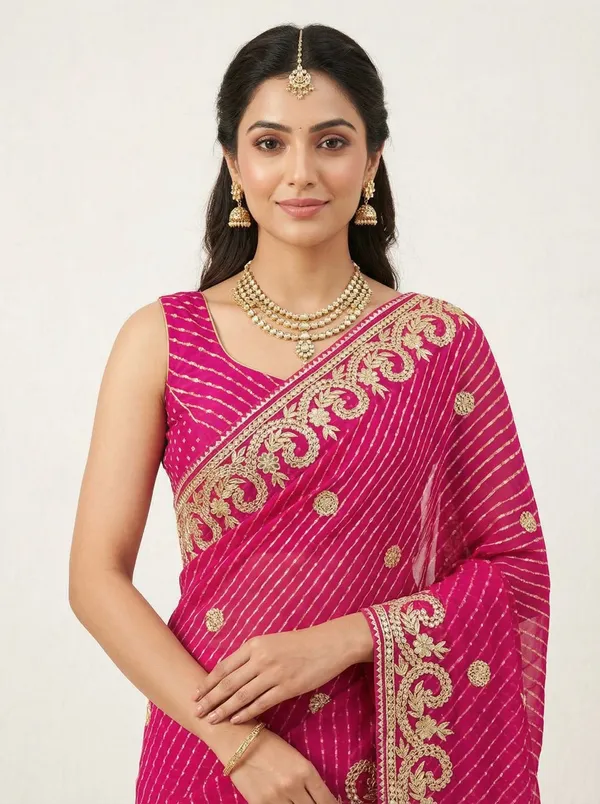 Magenta_Leheriya_Motda_Saree_With_Rich_Gota_Patti_Border_Festive_Wedding_Wear_Saree_With_Blouse_Default_Title
