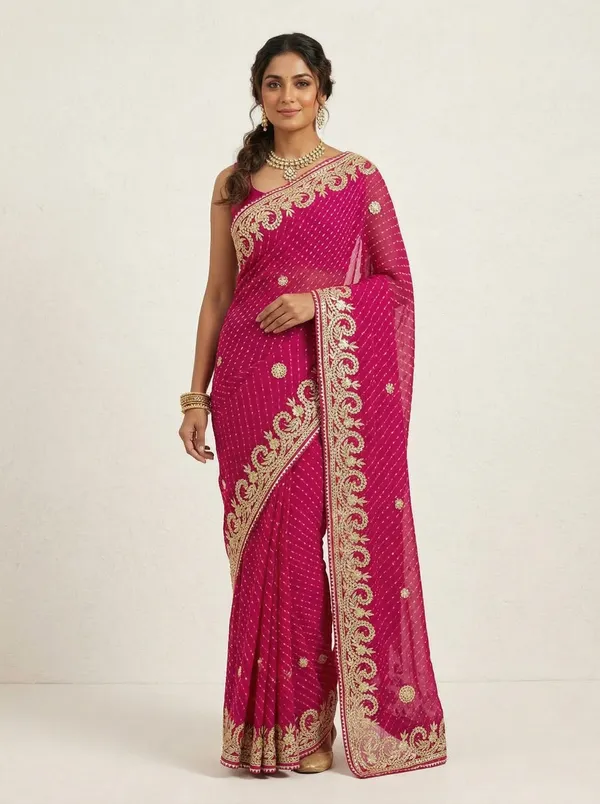 Magenta_Leheriya_Motda_Saree_With_Rich_Gota_Patti_Border_Festive_Wedding_Wear_Saree_With_Blouse_Default_Title