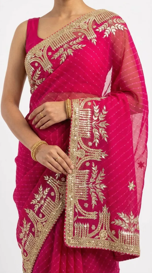 Rani_Colour_Motda_Leheriya_Saree_With_Architectural_Temple_Gota_Patti_Border_Festive_Wedding_Wear_Saree_With_Blouse_Default_Title