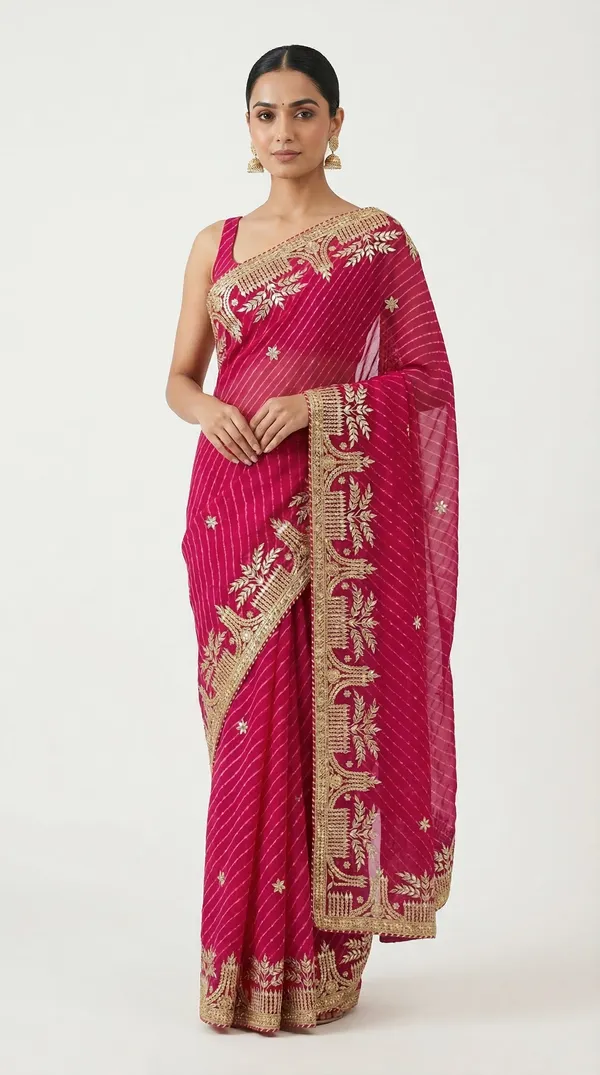 Rani_Colour_Motda_Leheriya_Saree_With_Architectural_Temple_Gota_Patti_Border_Festive_Wedding_Wear_Saree_With_Blouse_Default_Title