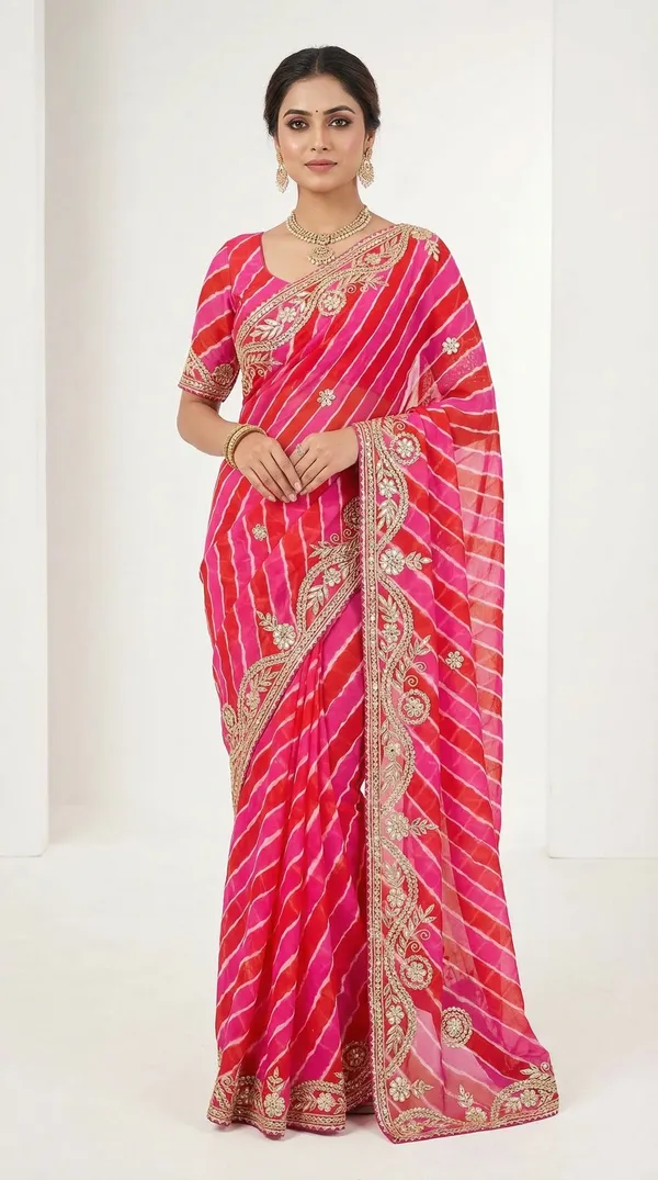 Pink_Red_Dual_Tone_Leheriya_Saree_With_Floral_Gota_Patti_Wavy_Border_Festive_Wear_Saree_With_Blouse_Default_Title