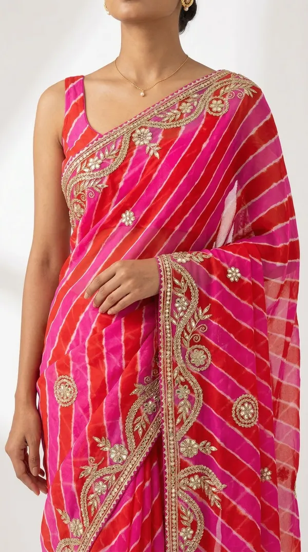 Pink_Red_Dual_Tone_Leheriya_Saree_With_Floral_Gota_Patti_Wavy_Border_Festive_Wear_Saree_With_Blouse_Default_Title