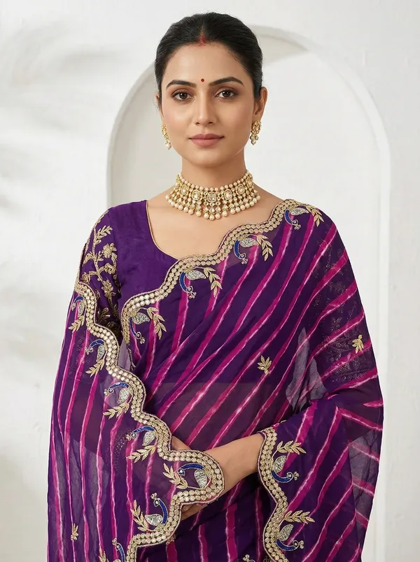 Purple_Pink_Leheriya_Saree_With_Blue_Peacock_Scalloped_Gotta_Patti_Border_Bridal_Festive_Wear_Saree_Default_Title