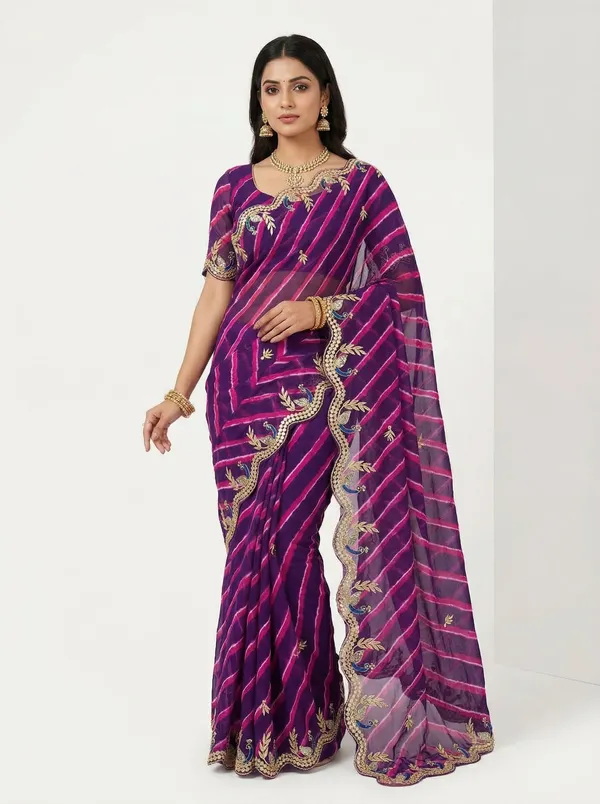 Purple_Pink_Leheriya_Saree_With_Blue_Peacock_Scalloped_Gotta_Patti_Border_Bridal_Festive_Wear_Saree_Default_Title