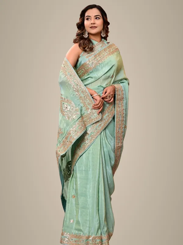 Cosmo_Tissue_Saree_With_Gota_Patti_Zardozi_Pearl_Handwork_Elegant_Designer_Wedding_Festive_Wear_Green