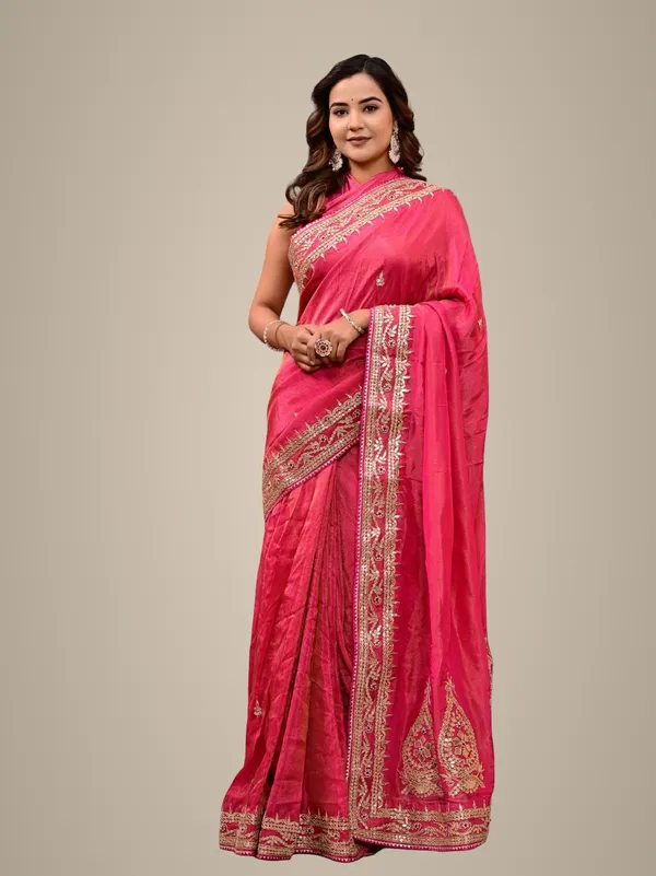 Cosmo_Tissue_Saree_With_Gota_Patti_Zardozi_Pearl_Handwork_Elegant_Designer_Wedding_Festive_Wear_Red