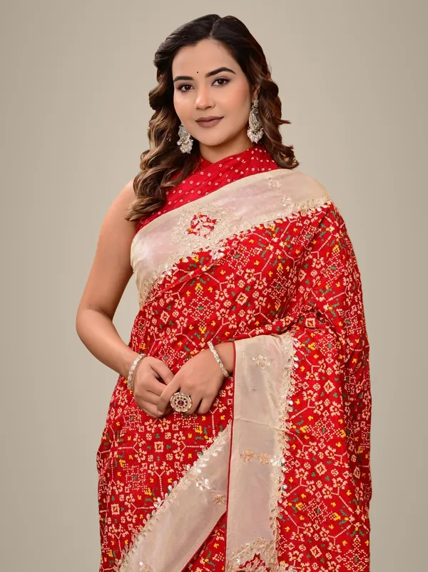 Red_Patola_Silk_Saree_With_Cosmo_Tissue_Border_Bandhani_Patch_Work_Gota_Patti_Festive_Wedding_Wear_Red
