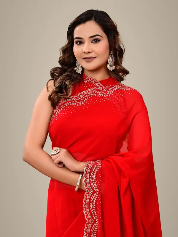 Elegant_Red_Georgette_Saree_With_All_Over_Siroski_Jaal_Work_Wedding_Festive_Wear_Red