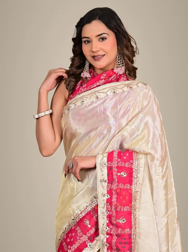 Royal_Ivory_Cosmos_Tissue_Saree_With_Pink_Ghadchola_Khaddi_Blouse_Designer_Wedding_Festive_Wear_Beige