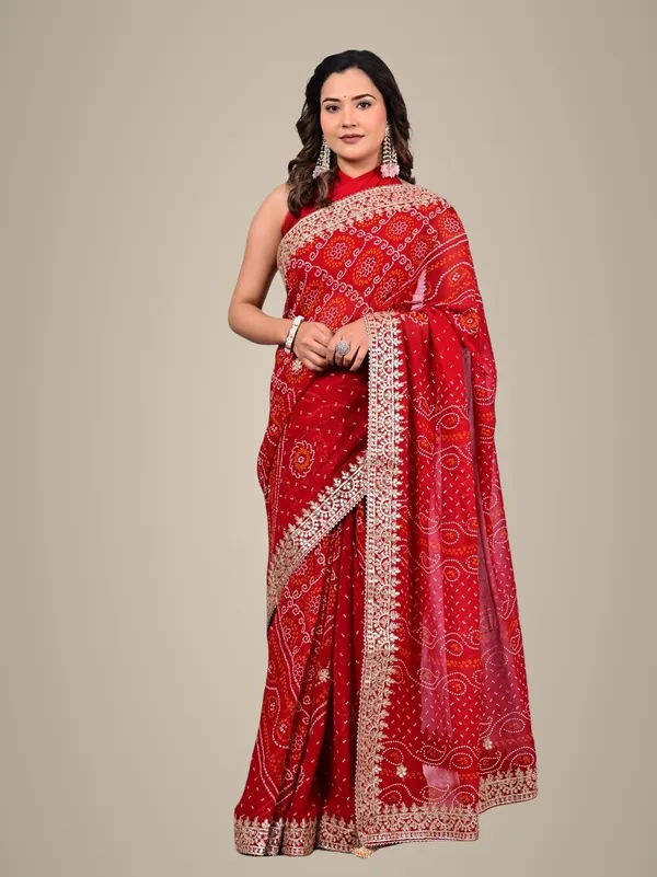 Bridal_Red_Viscose_Bandhani_Saree_With_Gota_Patti_Border_Traditional_Wedding_Festive_Wear_Red