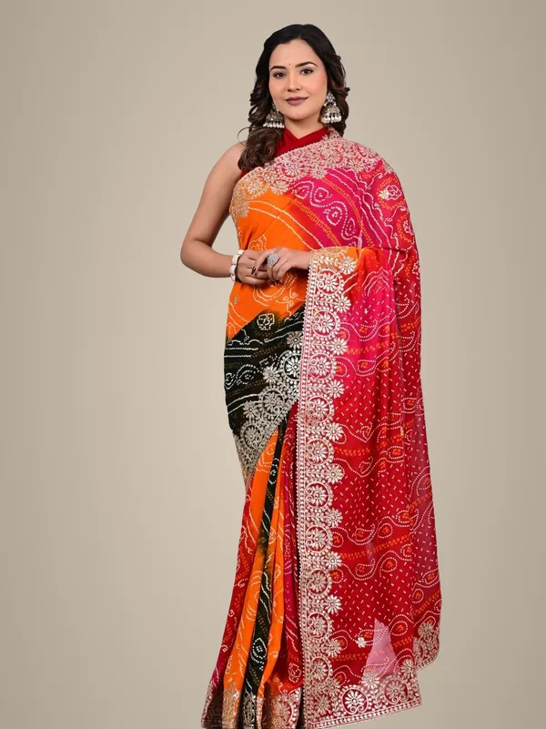 Multi_Colour_Viscose_Bandhej_Saree_With_Gota_Patti_Work_Traditional_Festive_Wedding_Wear_Saree_Red