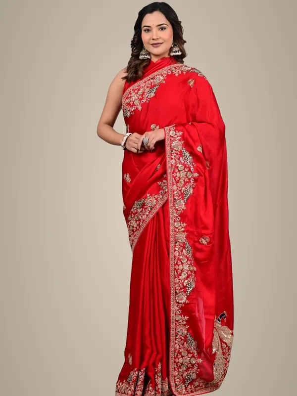 Red_Satin_Saree_With_Peacock_Motif_Zari_Thread_Sequins_Work_For_Wedding_Wear_Red