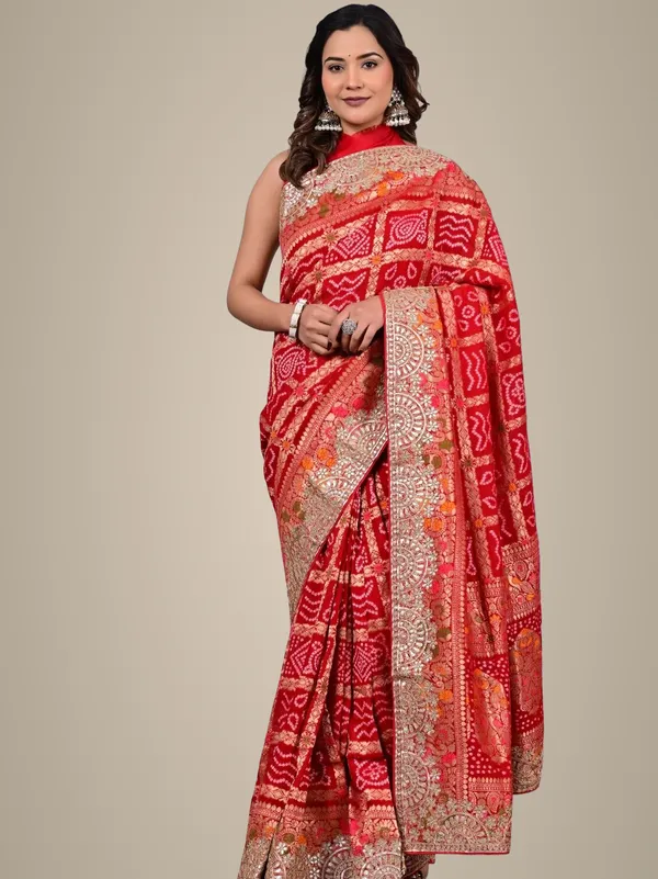 Red_Rani_Khadi_Georgette_Bridal_Saree_With_Hand_Zari_Meenakari_Work_Red
