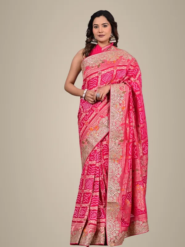 Red_Rani_Khadi_Georgette_Bridal_Saree_With_Hand_Zari_Meenakari_Work_Pink
