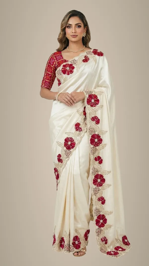 Ivory_Cosmo_Tissue_Saree_With_Green_Floral_Gajji_Patch_Work_Border_Designer_Wedding_Festive_Wear_Saree_With_Blouse_Red