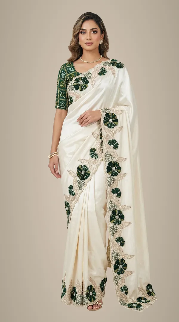 Ivory_Cosmo_Tissue_Saree_With_Green_Floral_Gajji_Patch_Work_Border_Designer_Wedding_Festive_Wear_Saree_With_Blouse_Green