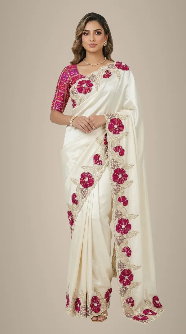 Ivory_Cosmo_Tissue_Saree_With_Green_Floral_Gajji_Patch_Work_Border_Designer_Wedding_Festive_Wear_Saree_With_Blouse_Pink