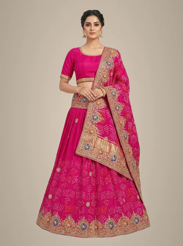 Rani_Pink_Bandhej_Lehenga_With_Peacock_Motif_Border_Gotta_Patti_Hand_Work_Dupatta_Bridal_Wedding_Wear_Lehenga_Set_Default_Title