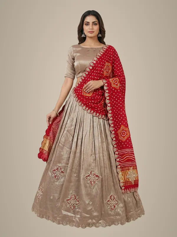 Beige_Tissue_Silk_Lehenga_With_Zardozi_Gotta_Patti_Work_Red_Gaji_Bandhej_Dupatta_Elegant_Wedding_Festive_Wear_Default_Title