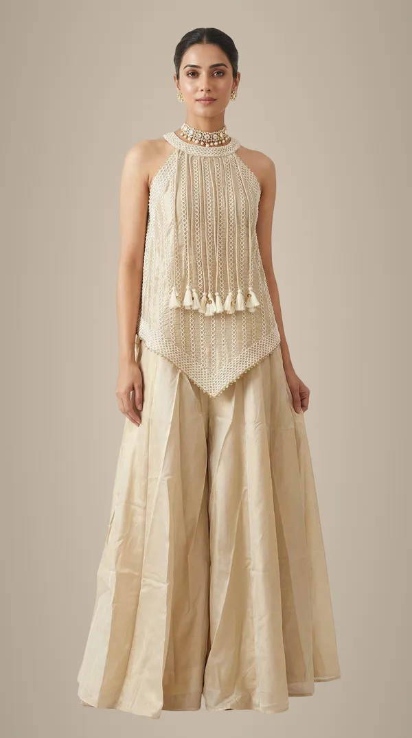 Beige_Tissue_Sharara_Set_With_Halter_Neck_Peplum_Top_Tassels_Mehendi_Festive_Wear_Beige