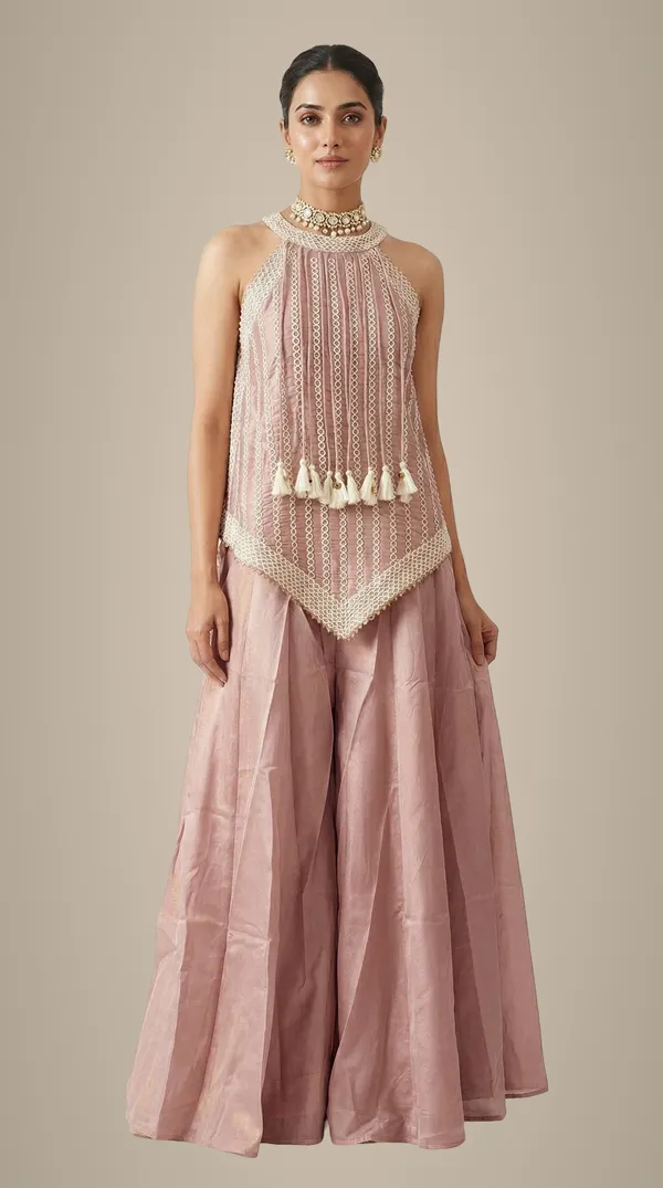 Beige_Tissue_Sharara_Set_With_Halter_Neck_Peplum_Top_Tassels_Mehendi_Festive_Wear_Pink