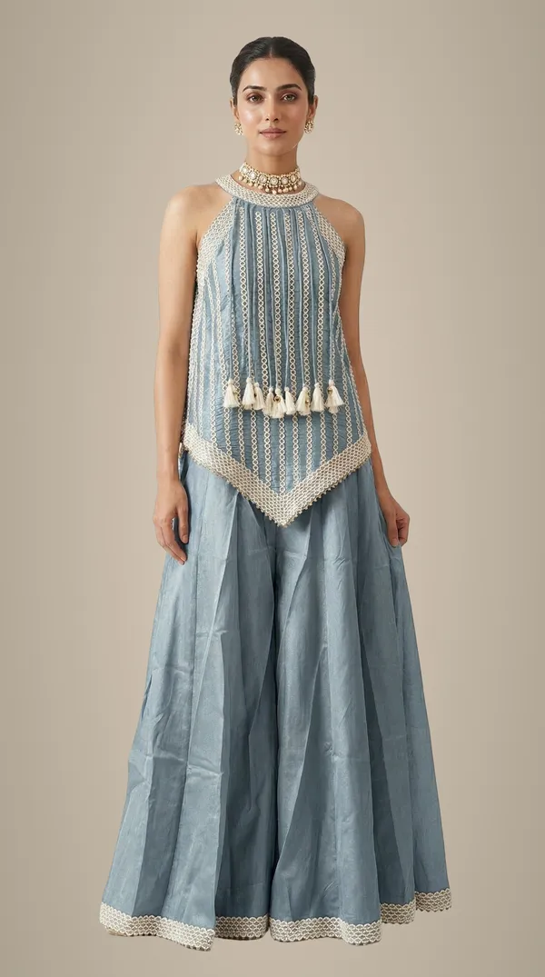 Beige_Tissue_Sharara_Set_With_Halter_Neck_Peplum_Top_Tassels_Mehendi_Festive_Wear_Gray