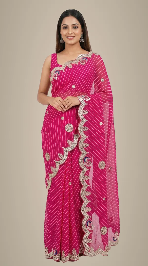 Rani_Pink_Motda_Leheriya_Saree_With_Gotta_Patti_Peacock_Border_Lightweight_Festive_Wedding_Saree_With_Designer_Blouse_Default_Title