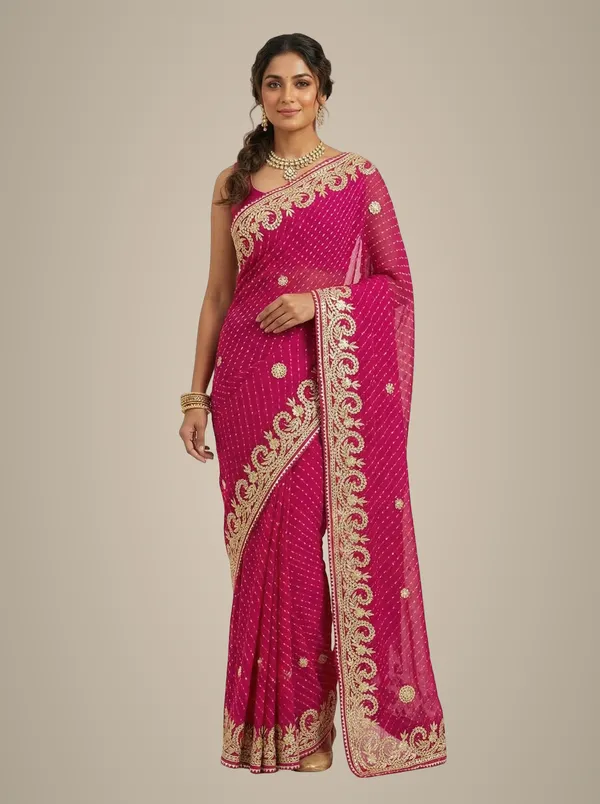 Magenta_Leheriya_Motda_Saree_With_Rich_Gota_Patti_Border_Festive_Wedding_Wear_Saree_With_Blouse_Default_Title