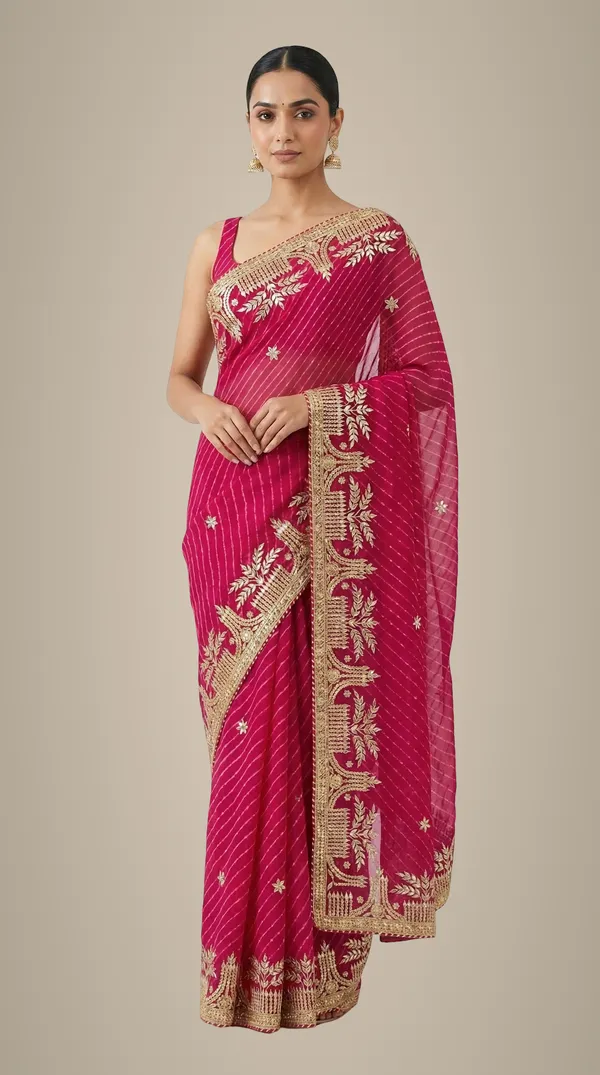 Rani_Colour_Motda_Leheriya_Saree_With_Architectural_Temple_Gota_Patti_Border_Festive_Wedding_Wear_Saree_With_Blouse_Default_Title