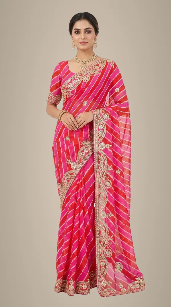 Pink_Red_Dual_Tone_Leheriya_Saree_With_Floral_Gota_Patti_Wavy_Border_Festive_Wear_Saree_With_Blouse_Default_Title