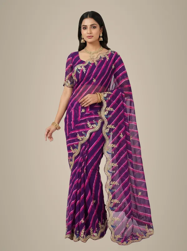 Purple_Pink_Leheriya_Saree_With_Blue_Peacock_Scalloped_Gotta_Patti_Border_Bridal_Festive_Wear_Saree_Default_Title
