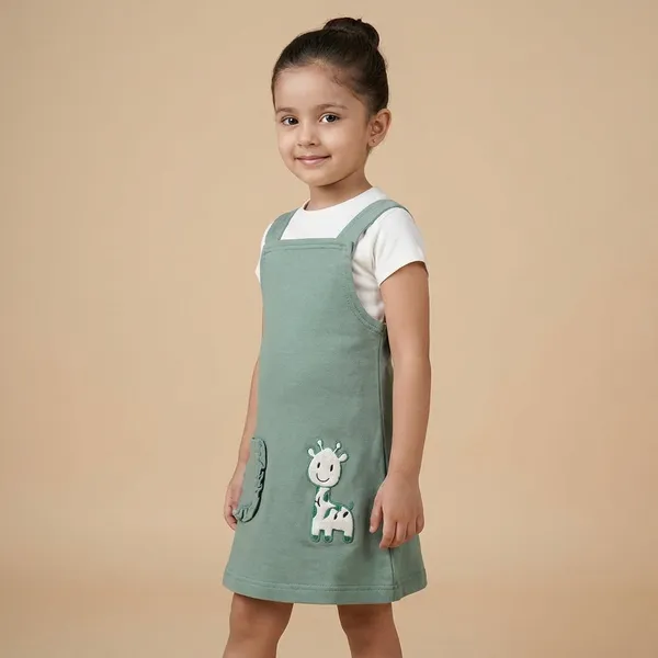 Min_Green_Cotton_Blend_Premium_Co-Ord_Set_(Top_And_Dungaree)_For_Girls