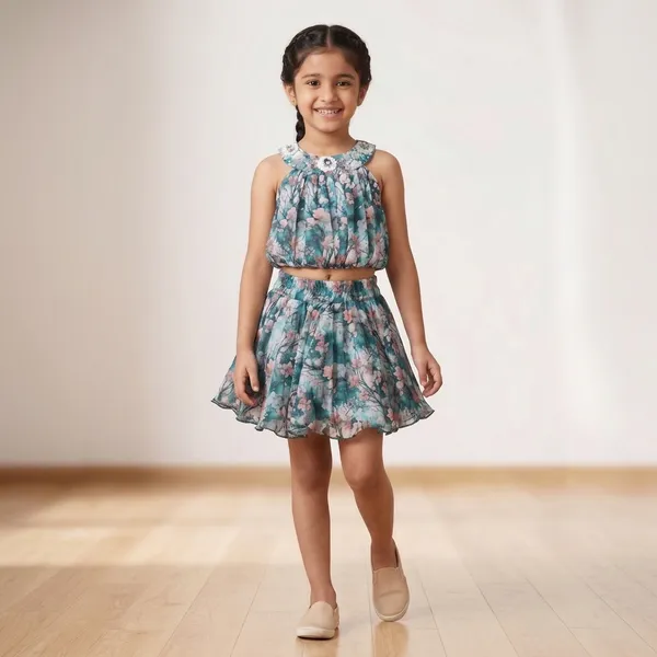 Green_Cotton_Blend_Premium_Co-Ord_Set_(Top_And_Skirt)_For_Girls
