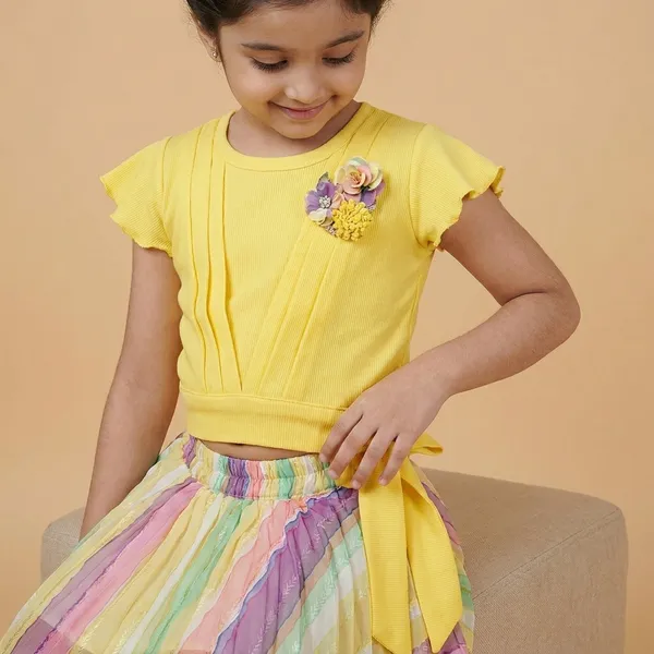 Lemon_Yellow_Cotton_Blend_Premium_Co-Ord_Set_(Top_And_Skirt)_For_Girls