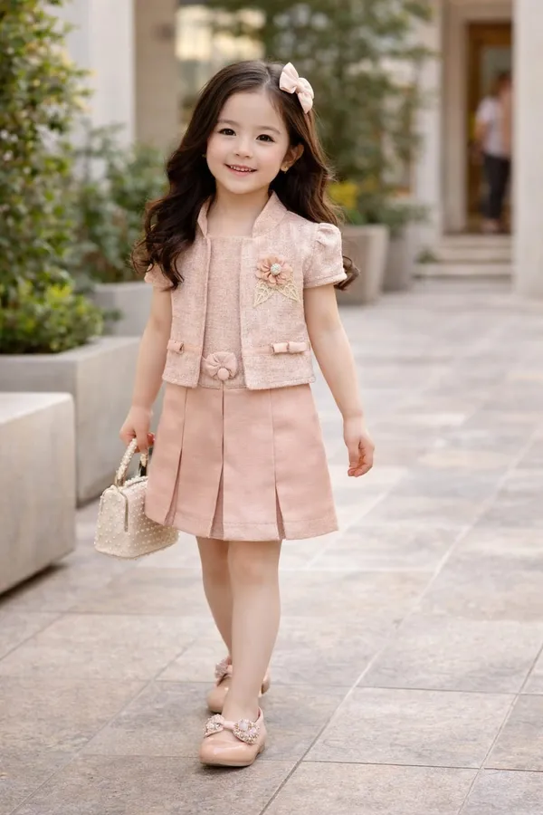 Peach_Cotton_Blend_Premium_Layered_Set_(Frock_And_Jacket)_For_Girls