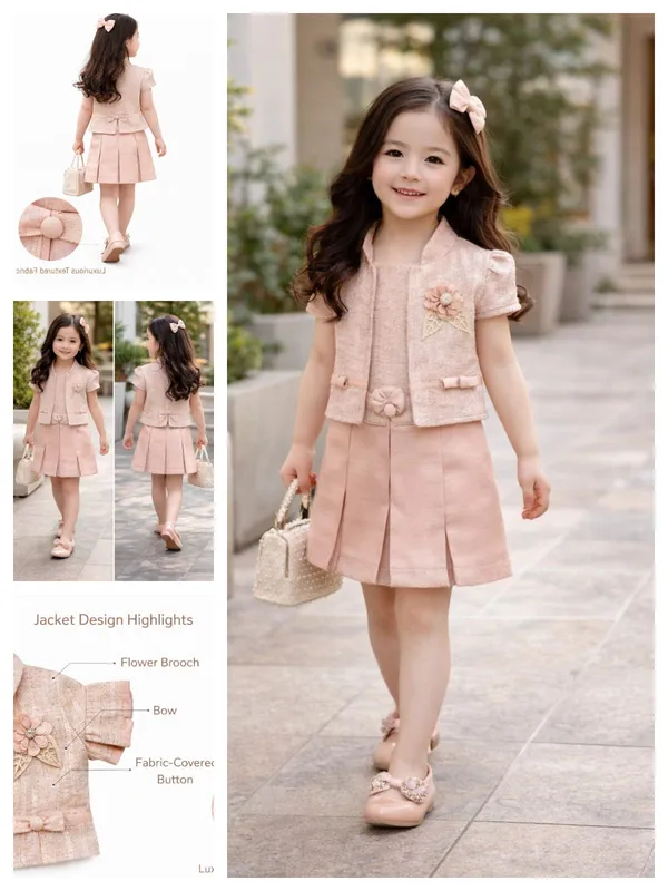 Peach_Cotton_Blend_Premium_Layered_Set_(Frock_And_Jacket)_For_Girls