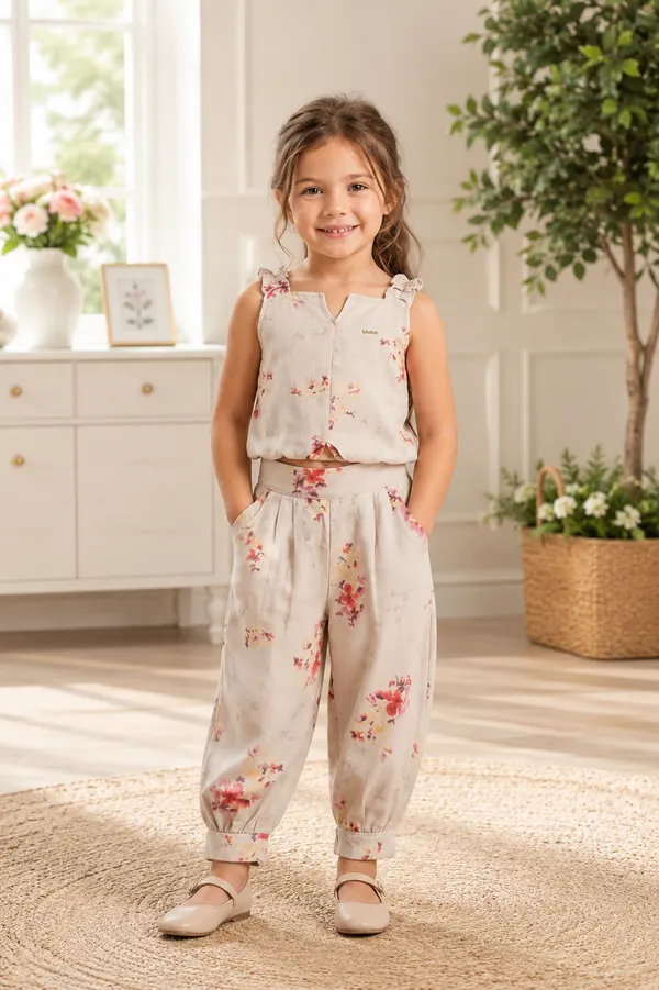 Cream_Cotton_Blend_Premium_Co-Ord_Set_(Top_And_Pants)_For_Girls