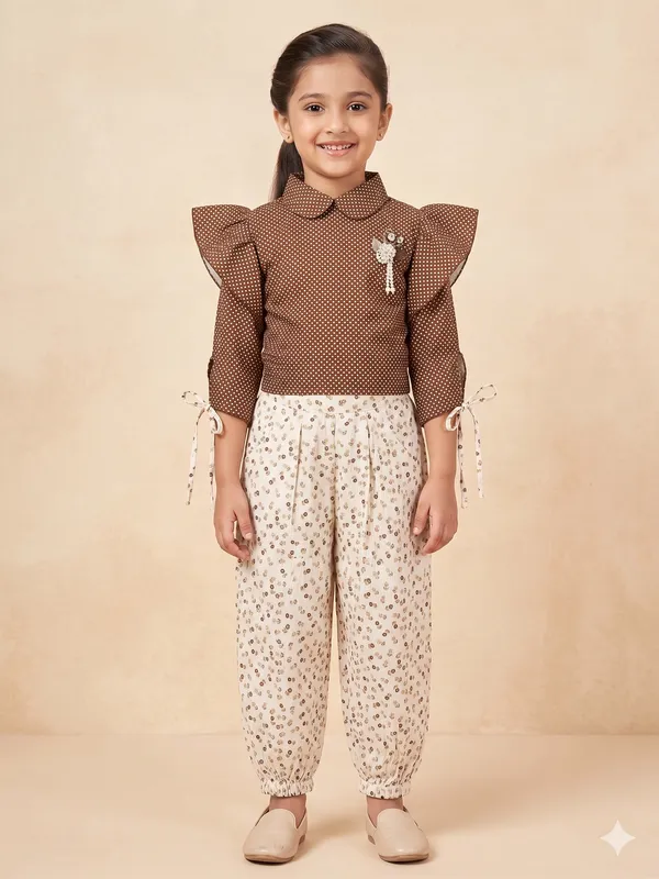 Coffee_Brown_Cotton_Blend_Premium_Co-Ord_Set_(Top_And_Pants)_For_Girls