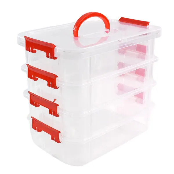 4-Layer_Clear_Plastic_Storage_Box_with_Red_Handle_and_Clasps